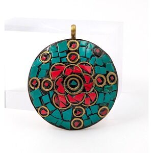 Vintage Tibetan Dome Medallion Pendant Brass Red Blue Inlay Mosaic Statement